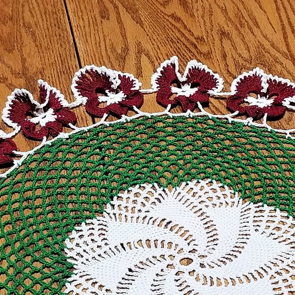 New Hand Crafted 19" Burgundy Pansy Doily - Picture 3 of 4